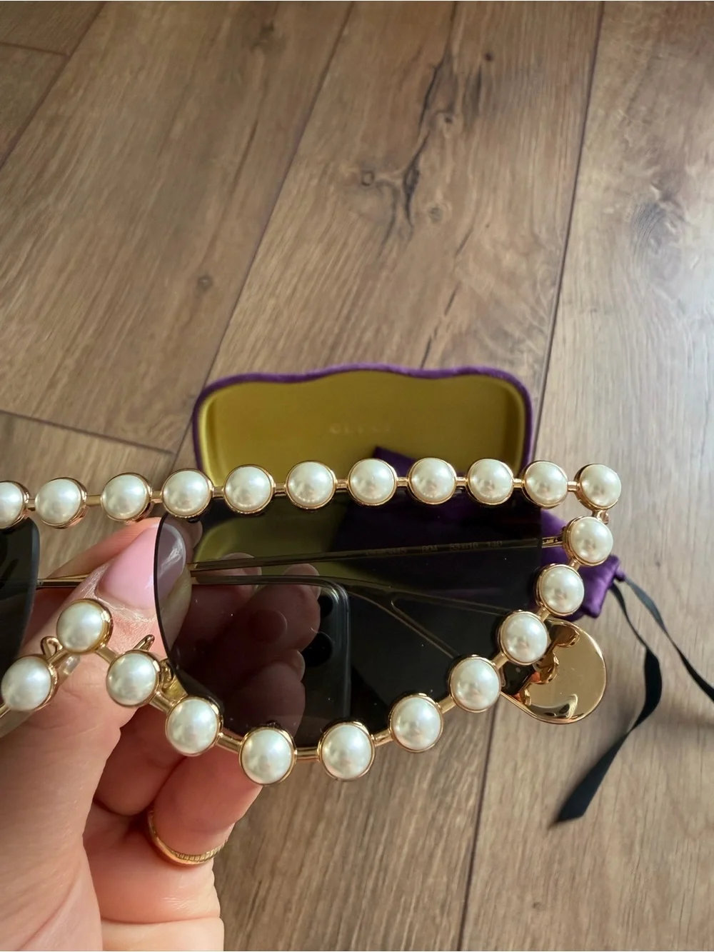 Gucci Pearl-Trim Cat Eye Sunglasses - Purple/Gold